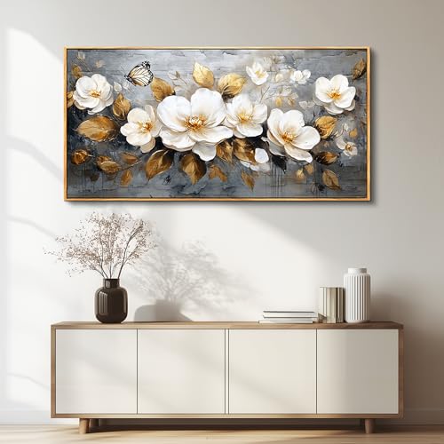 FUHAIHUA Wood Framed Canvas Wall Art For Living Room Wall Decor For Bedroom Office Wall Decoration White Flower Painting Farmhouse Pictures Artwork Room Aesthetic Home Decor 20x40 In - color: White Flower Wood Framed, size: 40"L x 20"W