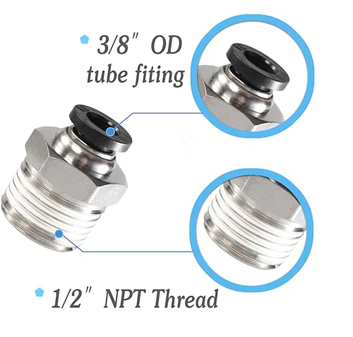 3/8 Air hose fittings, Push to Connect Air fittings Male Straight 3/8 Inch Tube OD x 1/2 NPT Thread Fitting (Pack of 5) - size: OD 3/8 - NPT 1/2, style: Male thread
