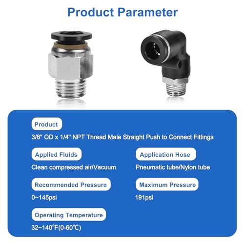 12 Pcs Push to Connect Fittings 3/8 Inch Tube OD x 1/4 Inch NPT Thread Pneumatic Male Straight and Elbow Quick Connect Air line fittings - size: 3/8"OD x 1/4"NPT