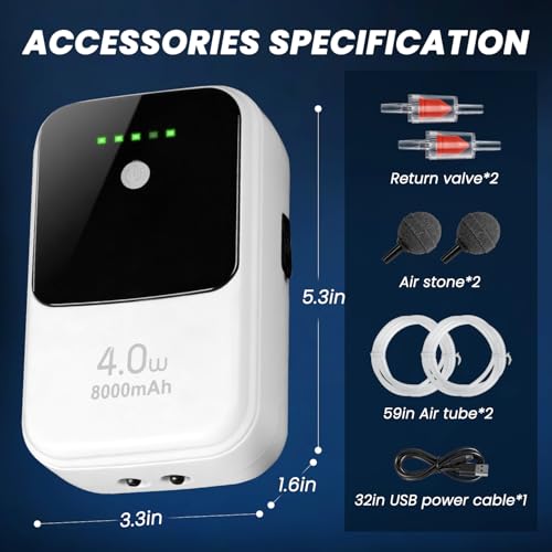 Live Bait Aerator Silent Dual Operating Mode Rechargeable Aerator for Fish, Large Capacity Aquarium Air Pump with Universal Clip for Most Bait Buckets - size: 4W 8000mAh(2 hoses)