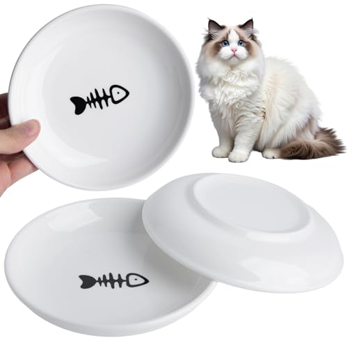 Cat Food Bowl Set of 3, Ceramic Cat Bowls, Anti Whisker Fatigue Cats Bowl Set,5.9 Inches Shallow Wide Kitten Plates for Wet/Dry Food, Indoor Pets (Fish Bone) - color: Fish Bone, size: 3pc