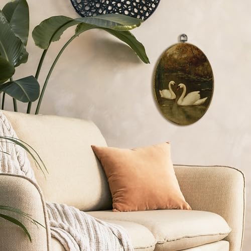 XFCICRLJ Vintage Fall Swan Wall Art Decor, Rustic Farmhouse Swan Oval Canvas Prints Framed, Moody Cottagecore Antique Elegant Animal Wall Art Decorations for Home Bedroom Living Room Decor, 11x8.5 Inch - color: Swan01