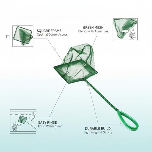 Square Frame Aquarium Fish Net with Green Mesh (1 PC) - size: 14.17 x 4.72 x 3.94"