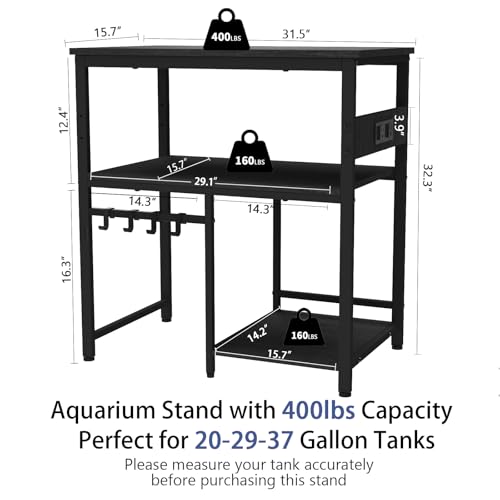 20-29-37 Gallon Fish Tank Stand, 3-Tier Aquarium Stand with Power Outlet Reptile Tank Stand Heavy Duty Terrarium Stand for Home Office, Black - color: Black, size: 20-37 Gallon