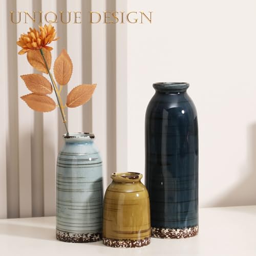 Joeabor Ceramic Vase Set of 3 - Handcrafted Ceramic Vases for Home Decor & Shelf - Modern Farmhouse Decor for Kitchen, Office, Bedroom & Living Room Decorative Objects for Mantel, Table Centerpieces - color: Set B