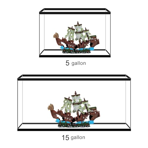 Shipwreck Aquarium Decorations Pirate Ship Ornament w/Sail (2 Pieces) 5 Gallons and Larger Fish Tank, Sunken Ship Decoration Ornaments, Decorative Resin Boat for Freshwater Saltwater Decor - size: 10" x 7.1"