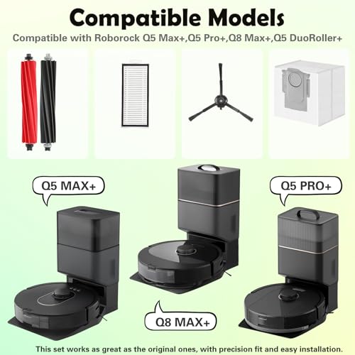Q5 Max+ Accessories Replacement Parts Compatible with Roborock Q5 Max+, Q5 Pro+, Q8 Max+, Q5 DuoRoller+ Robot Vacuum Cleaners, Include Dual Roller Brush,4 Side Brush,2 Filters,6 Bags,2 Tools - color: Q5 Max+ Kit - Black