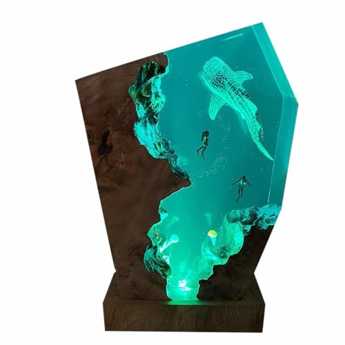 Whale Shark Ocean Resin Lamp, Handmade Wooden Table Resin Night Light, USB Port Art Ornaments for Home Office Decor, Scuba Diver Gifts for Birthday Holiday, Valentine's Day Gifts for Husband - color: Whale Shark, size: S