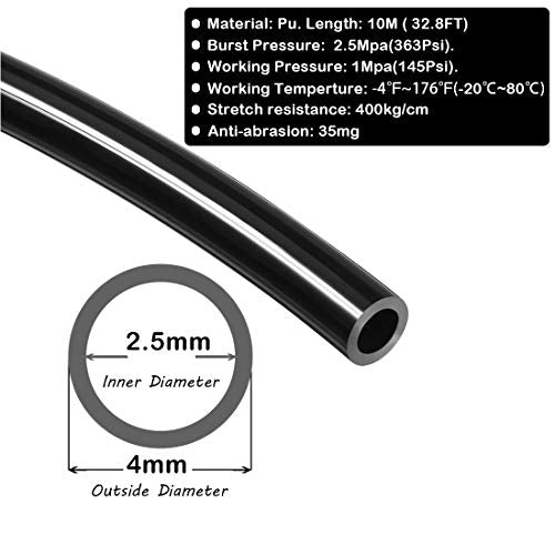 Beduan 4mm x 2.5mm Black Pneumatic Tubing Pipe PU Polyurethane Air Compressor Tubing Hose Pipe Line Fluid Transfer 32.8ft 10 Meter - color: Black, size: 4mmx2.5mm-10m