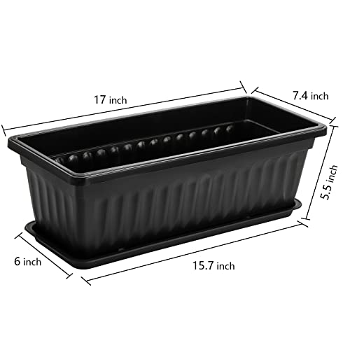 Fasmov 7 Pack 17 Inches Flower Window Box Plastic Vegetable Planters with Trays Vegetables Growing Container Garden Flower Plant Pot with 7 Pcs Plant Labels for Balcony, Patio, Garden, Black - color: 7pack,black