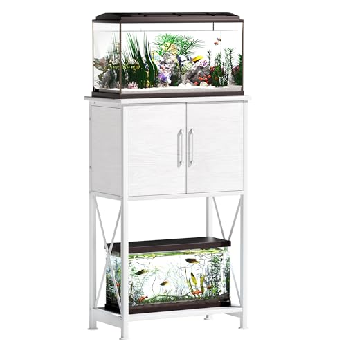 Herture 5-10 Gallon Fish Tank Stand, Metal Double Aquarium Stand with Cabinet for Fish Tank Accessories Storage, Heavy Duty 20.5" L* 11.02" W Tabletop, 500LBS Capacity White PG06YGW - color: White, size: 5-10 Gallon