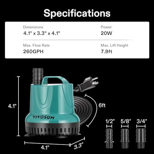 VIVOSUN 260GPH 20W Submersible Water Pump for Fish Tank, Pond, Aquarium, Hydroponic Systems with 6ft Power Cord and 3 Outlet Adapters, Blue - style: 20W; 260GPH