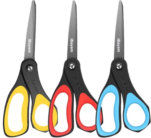 Scissors, iBayam 3 Pack 8" All Purpose Nonstick Scissors, 2.5MM Thickness Titanium Blades with Comfort Grip, Heavy Duty Shears for Office School Home Classroom General Use Art and Craft DIY Supplies - color: Yellow, Blue, Red, size: 3-Pack