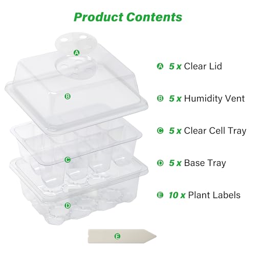 Bonviee 5-Pack Seed Starter Trays for Indoor Germination – Humidity Dome to Regulate Temperature & Humidity, Clear Tray for Root Observation, Drain Holes to Prevent Overwatering (5 Packs, Clear) - color: Clear, size: 5 Packs, NO light