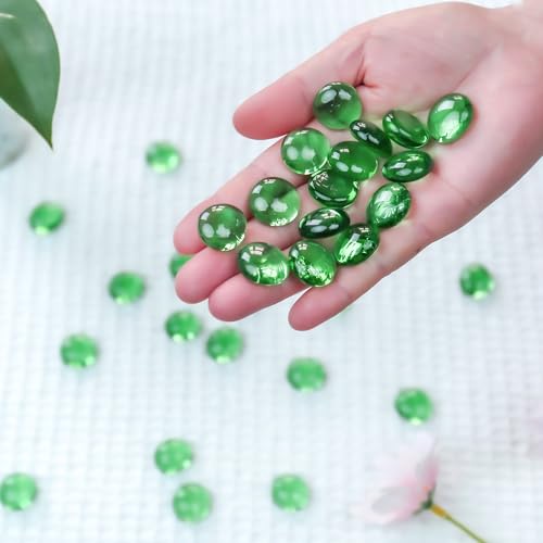 CYS EXCEL Green Glass Gemstone Beads Vase Fillers (2 LBS) Flat Marble Beads Multiple Color Choices Aquarium Decor Rocks Floral Stones Decorative Mosaic Glass Gem Pebbles - color: Green, size: 2 lb