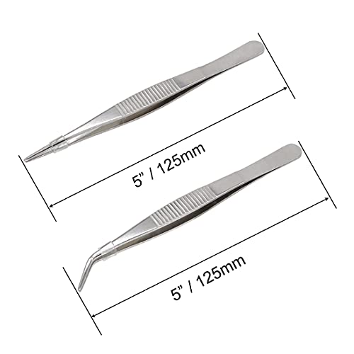 5 Inch Stainless Steel Tweezers with Straight and Curved Serrated Tip Multipurpose Forceps for Craft Repairing 2 Pack - size: 5 Inch