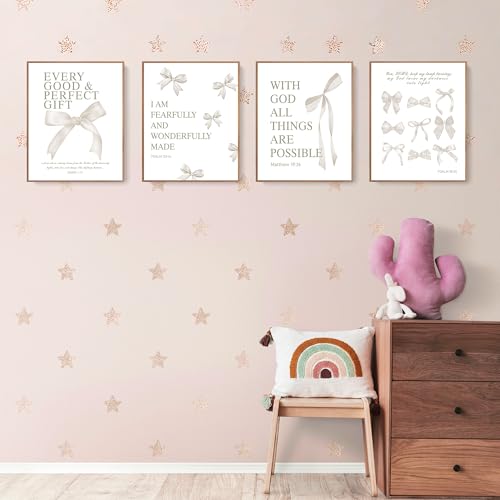 LARTSFRO Coquette Beige Bow Christian Wall Art Decor Posters, Beige Bow Christian Room Bedroom Bathroom Dorm Wall Art Decor Aesthetic for Women College Teen Girls Gifts, Inspirational Bible Verses Bow Wall Decor, 10x8 Inch Set of 4 Pcs Bow Pictures (UNFRA