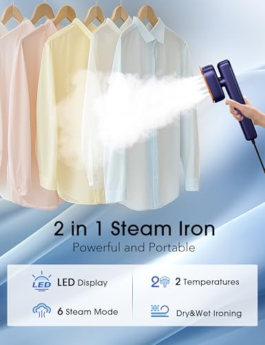 Smart Travel Steamer for Clothes, 100V-240V Portable Iron, 15s Fast Heat Up, 2 in 1 Steamer & Iron, LED Display, 100ml Lrge Water Tank, Compact Travel Size for Worldwide & European Use Azure