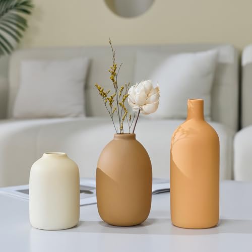 Ceramic Vase Set of 3,Neutral Modern Vases for Bouquet Pampas Grass Dried Fresh Flowers,Rustic Home Decor for Living Room,Bedroom Entryway(Beige) - color: Beige Set of 3