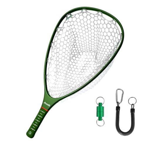 Aventik Fly Floating Fishing Net Carbon Fiber Landing Trout Net Light Weight Clear Rubber Ghost Net Catch & Release - color: Standard Green with Green magnetic release
