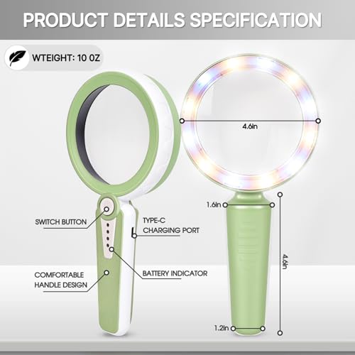 Magnifying Glass with Light, Rechargeable Magnifier for Seniors, Reading | 45X Crystal Clarity • 6 Light Modes • 1200mAh Rechargeable • Large 4.6" Lens • 12 LEDs • Soft Anti-slip Handle • Green - color: Green