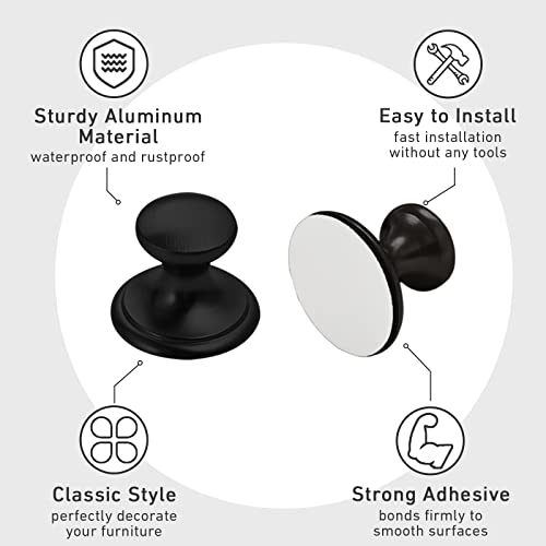 6 Pack Self-Stick Knobs Brushed Brass Self-Adhesive Drawer Knobs Aluminum No Drilling Cabinet Handle Pull with Adhesive Stick On Handle for Cupboard Fridge Dresser Window 6pcs (Black, 1-1/10")