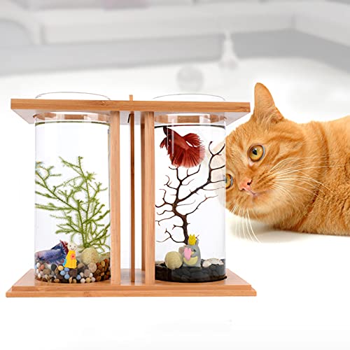Dual Chamber Bamboo Desktop Aquarium - Mini Betta Fish Tank with LED Light, 360° View Glass Tanks for Goldfish or Small Fish, Home Office Decor