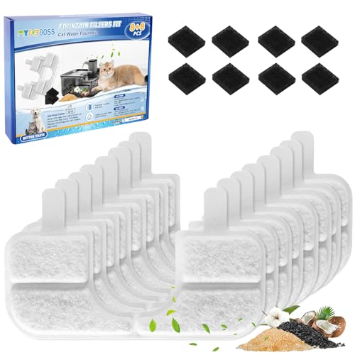 Replacement Filters Compatible with Qinliy 123oz/3.5L Wireless Cat Water Fountain Stainless Steel Q108 Filter, Cat Water Fountain Filters with Sponges, 8+8 Pack - color: White 8+8 Pack
