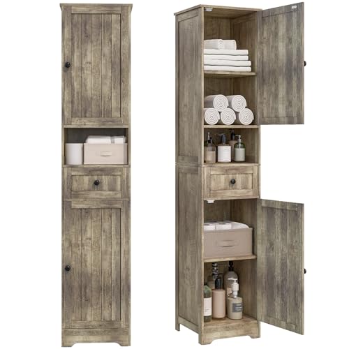 Tall Bathroom Cabinet,Storage Cabinet with 5 Shelves & 1 Drawer, with Adjustable Shelve, for Bathroom, Kitchen, Entryway, Living Room (Gray) - color: Grey