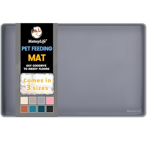 MateeyLife Silicone Cat & Dog Food Mat for Floors Waterproof, Anti-Slip Dog Bowl Mats for Food and Water, Pet Feeding Mats with Lip to Prevent Spills, Pet Placemat for Messy Drinkers to Protect Floors - color: Gray, size: 24''×16''