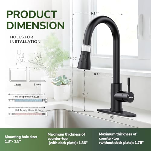 Kitchen Faucet with Pull Down Sprayer, Hurran Matte Black Water Filter Faucets, High Arc Single Handle Kitchen Sink Faucet 1 or 3 Hole, Utility Sink Faucets with Deck Plate for Farmhouse Rv Wet Bar - color: Black