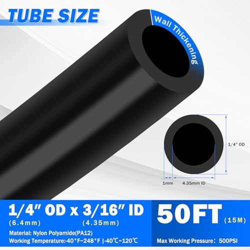 1/4" Air Line Tubing Kit, 50 FT(15M) DOT Air Line PA Nylon Tubing with Push to Connect Fittings, 1/4 Inch OD Quick Connect Air Hose Kit for Compressor Accessories System (75 Pcs)