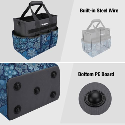 WORKPRO Garden Tool Bag Organizer, Heavy Duty Gardening Tote Bag with 10 Pockets and Long Adjustable Shoulder Strap, Standable Garden Home Tool Kits Organizer, Floral Blue (Tools are not Included) - color: Floral Blue