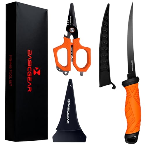 Fishing Fillet Knife and Multi-Tool Scissors Set – 7” 440C Stainless Steel Fillet Knife with Non-Stick Blade, Multi-Tool Scissors with Serrated Blades, Rust-Resistant