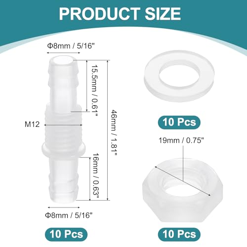 uxcell 10Pcs Plastic Hose Barb Fitting, 5/16" x 5/16" Bulkhead Adapter Union Splicer Mender Pipe Connector with M12 Nut and Washer for Aquarium Air Water Fuel - size: 5/16" x 5/16", M12 Nut
