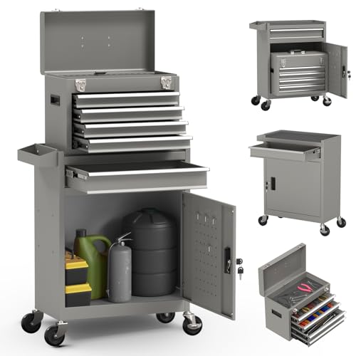 5-Drawer High Capacity Rolling Tool Box, Removable Cabinet Storage Tool Chest with Wheels and Drawers, Detachable Toolbox with Lock for Mechanics Garage Workshop and Tool Room (Grey) - color: Grey