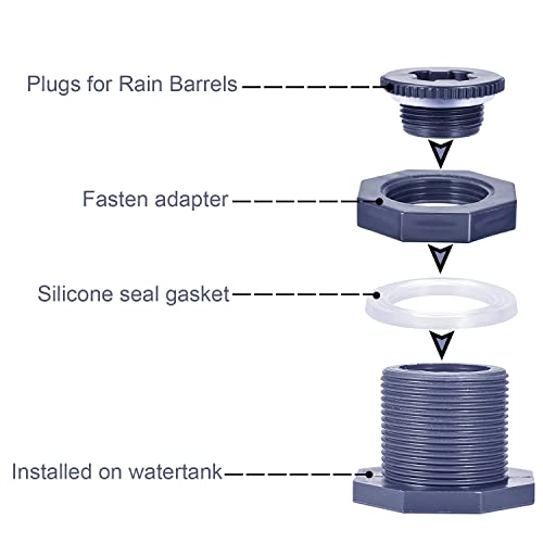 3/4” Female PVC Bulkhead Fitting with Plug Silicon Seal Gasket Water Tank Connector for 1-3/8 Inch or 1-1/2 Inch Hole Saw Rain Barrels, Aquariums (pack of 2) - color: 2 Pcs, size: 3/4 Inch