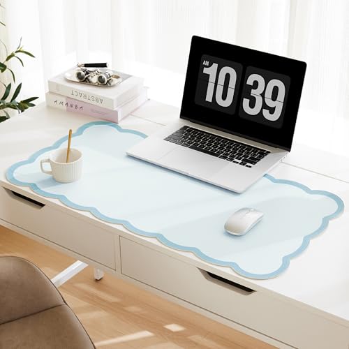 Scalloped Desk Mat, 31.5" x 15.7" Large Cute Aesthetic Desk Accessories, PU Leather Computer Laptop Desk Mouse Keyboard Pad, Desk Writing Mat for Vanity/Work/Home Decor (Blue, 31.5" x 15.7") - color: Blue, size: 31.5" x 15.7"