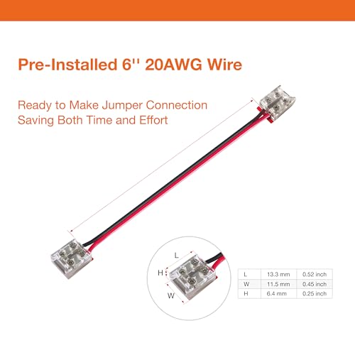 2-Pin Solderless Jumper Connectors for 10mm LED Strip Lights, with Pre-Installed 6'' 20AWG Wire and 3M VHB Adhesive, Screw Down Splitter Connectors for Quick, Secure Connection (Pack of 10) - style: Jumper Connector