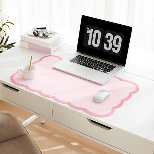Scalloped Desk Mat, 23.6" x 11.8" Cute Small Aesthetic Desk Accessories, PU Leather Computer Laptop Desk Mouse Keyboard Pad, Desk Writing Mat for Vanity/Work/Home Decor Pink - color: Pink, size: 23.6" x 11.8"