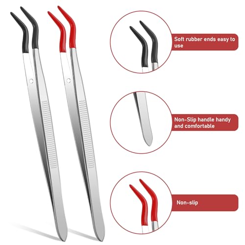 Rubber Tipped Curved Tweezers, 2 Pcs Stainless Steel Craft Tweezers PVC Coated Jewelry Tweezer Set for Crafts Stamps Coin Beads Jewelry Industrial Electronic Lab (Red, Black)