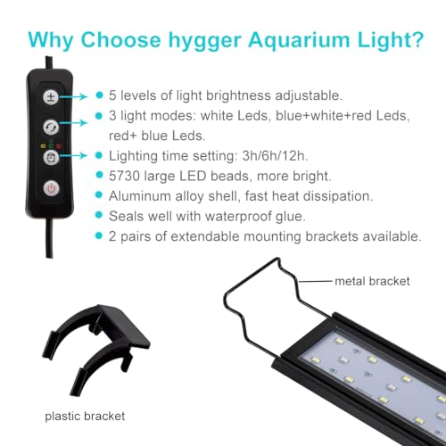 hygger 20W Full Spectrum Aquarium Light with Aluminum Alloy Shell Extendable Brackets, White Blue Red LEDs, External Controller, for Freshwater Fish Tank (30-36 inch) - size: 20W (30-36 inch)