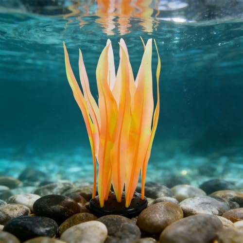 Aquarium Decoration, 17" Plastic Fish Tank Plants Artificial Silicone Glowing Kelp Aquarium Plants Ornament, (Orange, 1 Pcs), Intended for Tall Fish Tank Decor/Landscaping - color: Orange, size: 17"