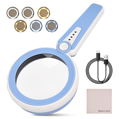 45X Magnifying Glass with Light, Rechargeable LED Magnifier, 6 Color Modes, 4.6" Large Lens, Handheld for Seniors Reading, Coins, Jewelry, Crafts