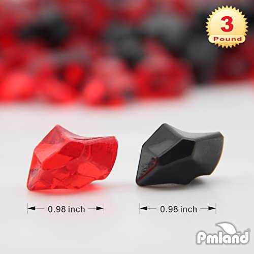 PMLAND Clear Fake Ice Rocks – 550 Pcs Large Acrylic Gems Crushed Plastic Diamonds, Black & Red (3Lbs/2.25 Quarts) – Bulk Vase Filler for Centerpieces Theme Décor Aquarium Table Scatter - color: Red and Black