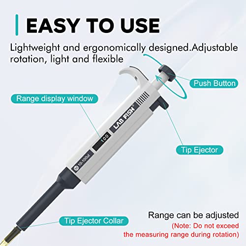 LAB FISH Laboratory Micropipette 10-100ul Capacity Range High Accurate Single Channel Pipettor Manual Adjustable Volume Pipettes Increment 1ul with 600pcs 200ul Pipette Tips Set - style: 10-100ul Set