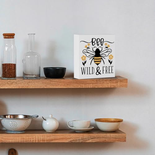Summer Bee Sign Decor Bee Decorations for Home Be Wild And Free Wooden Box Sign Desk Accessories Home Office Bedroom Bathroom Decor 5 X 5 Inch - color: Bee