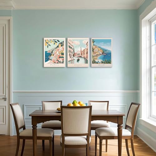 XLARTMY Italy Amalfi Coast Travel Posters Wall Art Framed Canvas Decor City Landscape Blue Venice Coast Painting Beach Modern Artwork for Living Room Bedroom Bathroom Office Set of 3 12x16in - color: Travel Coast, size: 12x16in Canvas