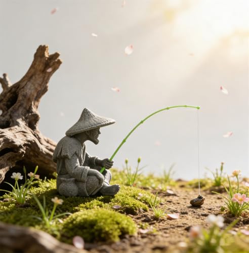 livelyfish Mini Fisherman Statue Asian Zen Decoration Sitting Fishing Figurines Sandstone Vintage Ornament for Aquarium Fish Tank Pot Garden Home Japanese Decor (C2) - color: C2