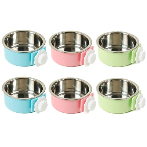 kathson Crate Dog Bowl, Removable Stainless Steel Hanging Pet Cage Bowl Food & Water Feeder Coop Cup for Cat, Puppy, Birds, Rats, Guinea Pigs (6 PCS, Size: M, 2×Blue,2×Green,2×Pink) - color: Size: M (2×Blue, 2×Green, 2×Pink), size: 6 PCS